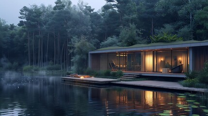 Obraz premium A forest house on the lake with small wooden jetty of a luxurious style forest house on the edge of a lake