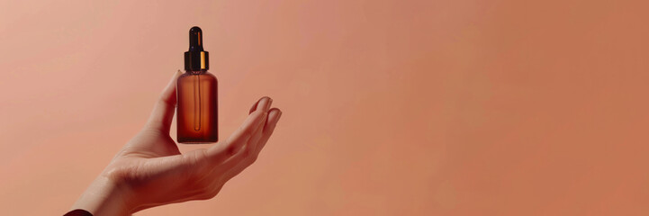Banner open serum bottle in womans hands side view. The concept of natural cosmetics, body care, spa treatments.