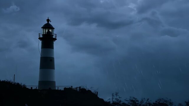 A lighthouse is lit up in the dark sky. The sky is cloudy and the lighthouse is the only light source