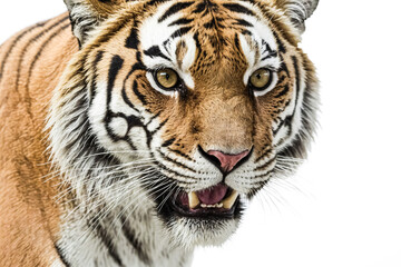 Fototapeta premium Close-up of a Tiger's Face with Open Mouth and Sharp Teeth