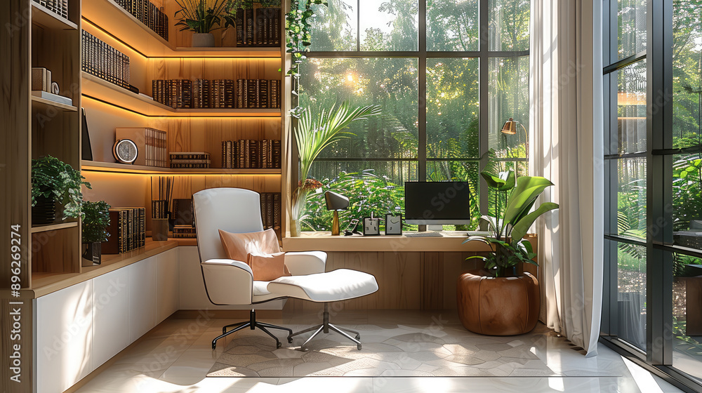 Poster a study room, modern design with natural elements, creating a fresh and minimalist ambiance. the wal
