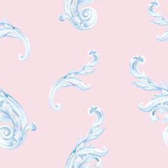 Pink and blue ornate backdrop, watercolor seamless pattern, gender party background