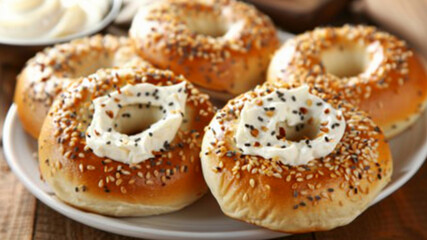 bagels with cream cheese on the plate 