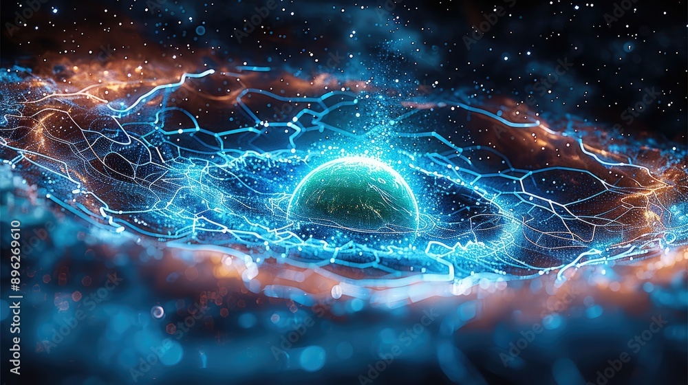 Poster A cosmic amorphous object made of cosmic stardust with a neon green center in the middle, the background is made of blue holographic Internet networks and starry galactic dust. Generative AI.
