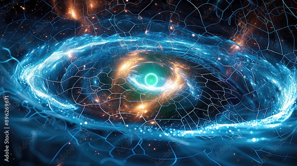 Aufkleber A cosmic amorphous object made of cosmic stardust with a neon green center in the middle, the background is made of blue holographic Internet networks and starry galactic dust. Generative AI.
