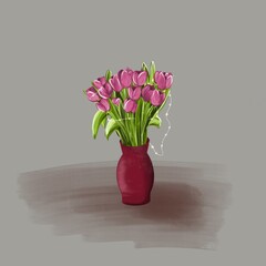 Pink tulips stand in a res vase with little lamps illustration