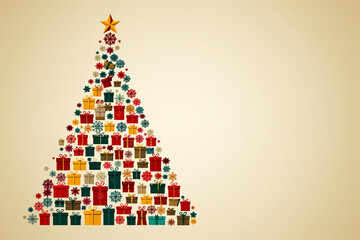 Winter modern alternative christmas tree made from many colorful gift boxes. Festive xmas and New Year holiday season banner and greeting card with copy space. Minimalism. creative composition concept