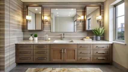 Modern bathroom vanity features a sleek quartz countertop with a stylish sink and ample copyspace for text, surrounded by elegant fixtures and a neutral background.