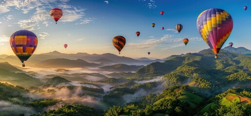 Fototapeta premium A panoramic view of colorful hot air balloons floating above the majestic mountains, creating an enchanting and dreamy atmosphere against a clear blue sky.