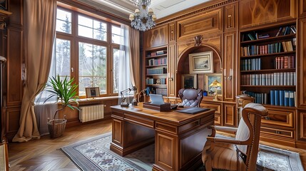 Fototapeta premium A home office with wood paneling in the traditional style