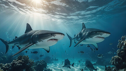 Fototapeta premium sharks in the water column swim underwater in the tropical ocean.