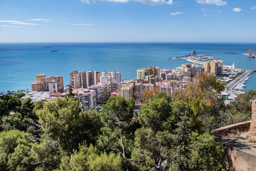 Fototapeta premium Beautiful aerial view on the Malaga from Gibralfaro Castle on a sunny day. Malaga, Costa del Sol, Andalusia, Spain.