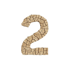 Number 2. Two. Nature Inspired Cracked Earth dried out soil Artstyle. typography font, alphabet abc, isolated on transparent background png.