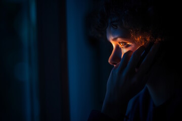 Young woman talking on phone at night with pensive expression. Concept for mental health awareness, stress, and emotional support during difficult times, suicide prevention