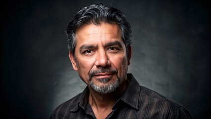 Portrait of a handsome middle-aged Hispanic man against a dark background.
