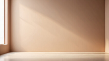 Minimalistic abstract gentle light brown background for product presentation with empty room with shadows of window