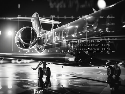 Digital graphics of financial data overlaid on a black and white private jet with open door, stairs on tarmac