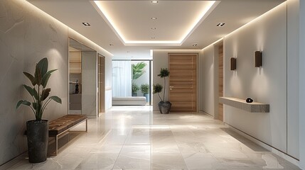 The entrance hall is designed in a modern minimalist style for the interior of a high-end apartment with a combination of light grey tiled floors and white walls. The natural light. Generative AI.