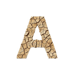 Letter A. Nature Inspired Cracked Earth dried out soil Artstyle. typography font, alphabet abc, isolated on transparent background png.
