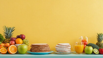 A variety of fresh fruits and vegetables, including apples, oranges, grapefruits, carrots, broccoli, and peppers, are arranged on a wooden table against a yellow background.