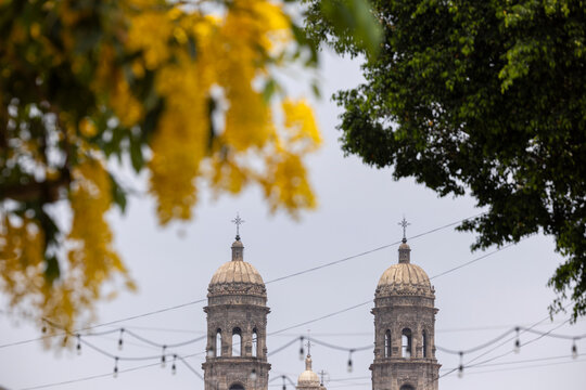 Morning view of the historic downtown church of central downtown Zapopan, Jalisco, Mexico.