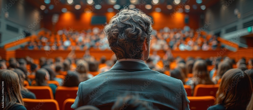Poster man in suit at a lecture