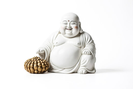 White Laughing Buddha Statue with Golden Fruit