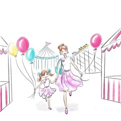 Illustration of mother and daughter at a carnival. Mom and me. 