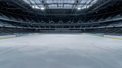 A hockey stadium with the ice rink ready for an exciting match, banner, with copy space
