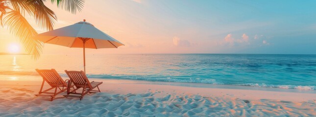 Tropical Beach Sunset With Palm Tree and Lounge Chairs