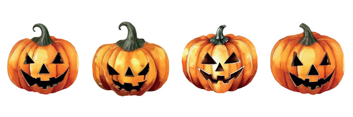 set in watercolor style halloween pumpkin isolated on white