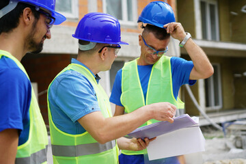 Engineer coworker in protective workwear discussing while working together at construction site