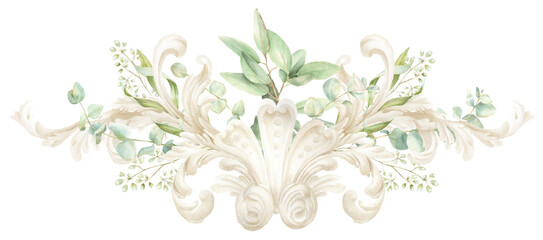 Watercolor ornate frame with green leaves, PNG wedding border, baroque border