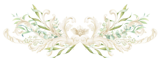 Watercolor ornate frame with green leaves, PNG wedding border, baroque border