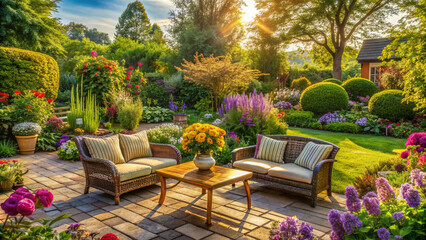 Warm sunny day in a serene garden with blooming flowers, lush greenery, and a comfortable outdoor seating area evoking feelings of joy and contentment.