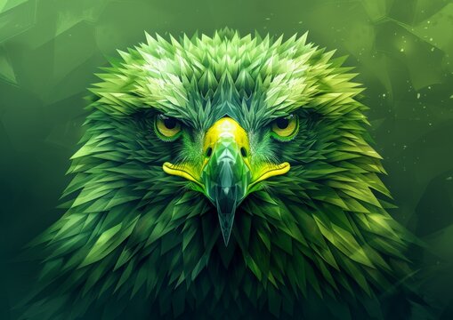 Eagle head is depicted in a polygonal style, with a vibrant green color scheme. Eagles sharp eyes and fierce beak stand out against the green background