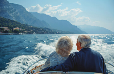 Explore dreams. A happy senior couple sitting on the side of a sail boat on a calm blue sea. Man hugging his woman while enjoying view