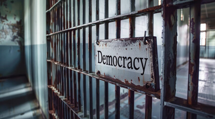 The text "Democracy" emerges as a powerful symbol within the confines of a prison cell. The concept of restricting the rights and freedoms of citizens.