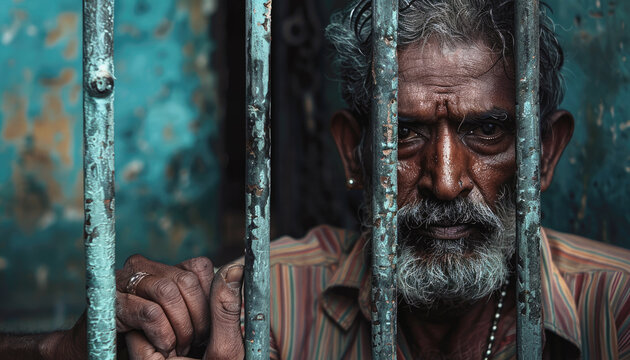 A middle aged Indian man sits behind bars in a prison cell.