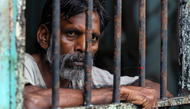 A middle aged Indian man sits behind bars in a prison cell.