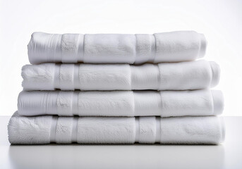 A stack of clean, neatly folded white towels viewed from the front on a white background. The image showcases the pristine and soft appearance of the towels, perfect for bathroom, spa, and cleanliness
