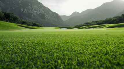 Fototapeta premium A scenic golf stadium with pristine greens and focused players, banner, with copy space