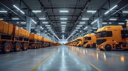 Fototapeta premium Warehouse about many Agricultural vehicle(Color Orange) at Factory. Generative AI.