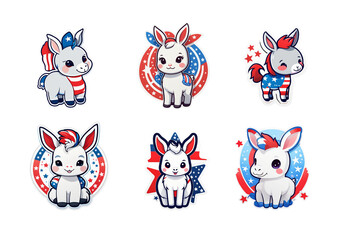 6 Cute Kawaii Dokeys in Chibi Style, Sticker bundle, Patriotic Red and Blue USA Theme, transparent background, A4 Printable