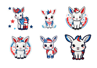 6 Cute Kawaii Dokeys in Chibi Style, Sticker bundle, Patriotic Red and Blue USA Theme, transparent background, A4 Printable