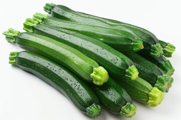 A bunch of green zucchini are sitting on a white table