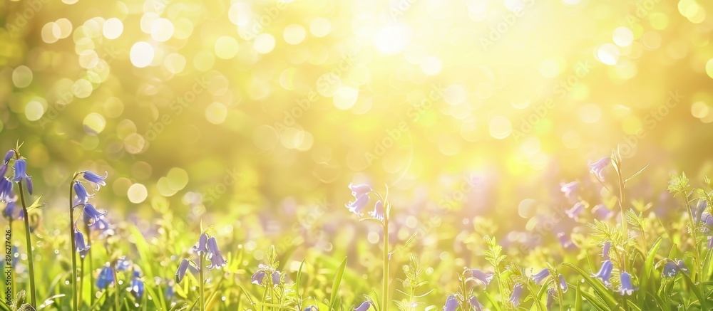 Poster spring meadow with green grass and bluebells on blurred yellow background banner with copy space, su