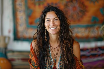 A woman with long hair is smiling and wearing a colorful scarf