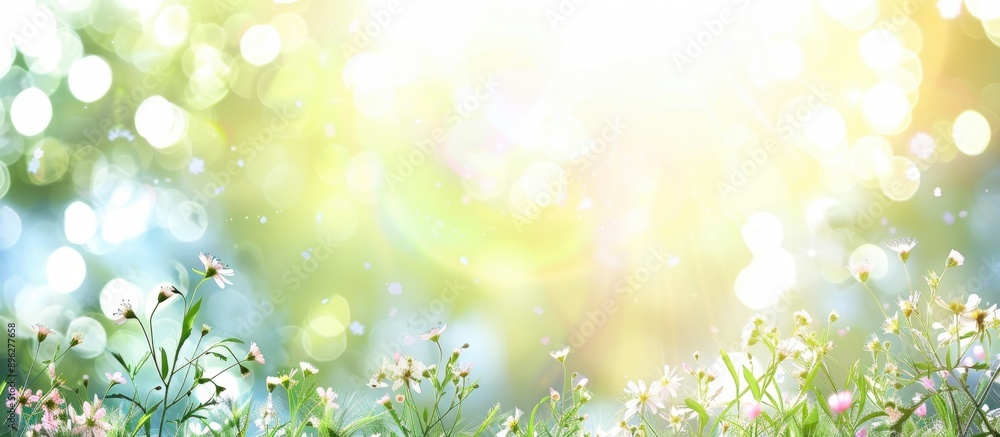 Poster spring background with blurred grass and flowers, sunlight and bokeh on the edges, banner format, co