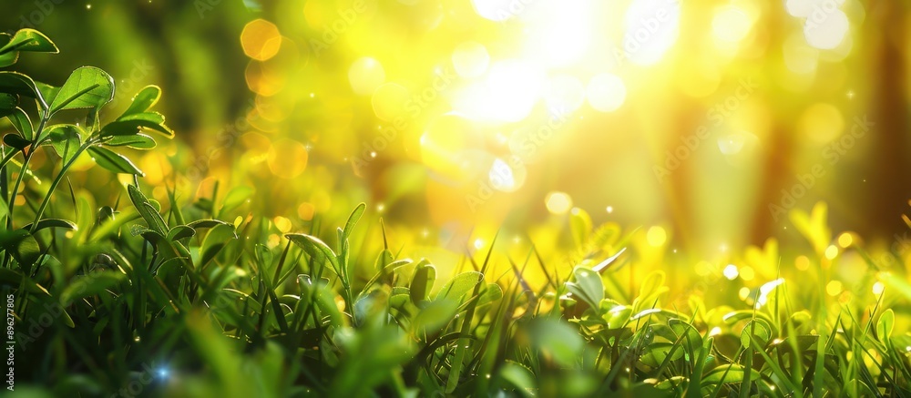 Poster beautiful spring background with green grass and sun light, blurred background with copy space for t
